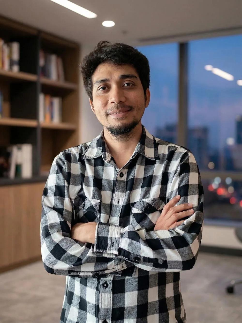 A smiling man with a beard and short dark hair standing with his arms crossed, wearing a black and white checkered flannel shirt in an office setting.